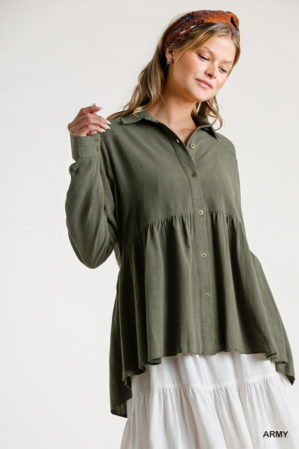 6163- Umgee Army Green Linen Babydoll Shirt w/ Buttons