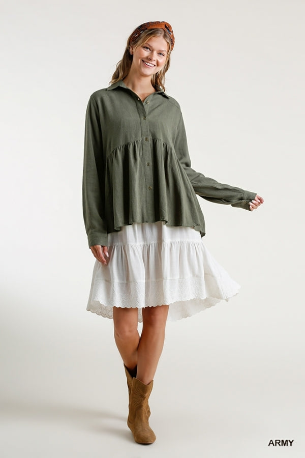 6163- Umgee Army Green Linen Babydoll Shirt w/ Buttons