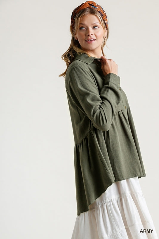 6163- Umgee Army Green Linen Babydoll Shirt w/ Buttons