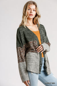 5064- Umgee Color Block w/ Animal Print Button Down Cardigan