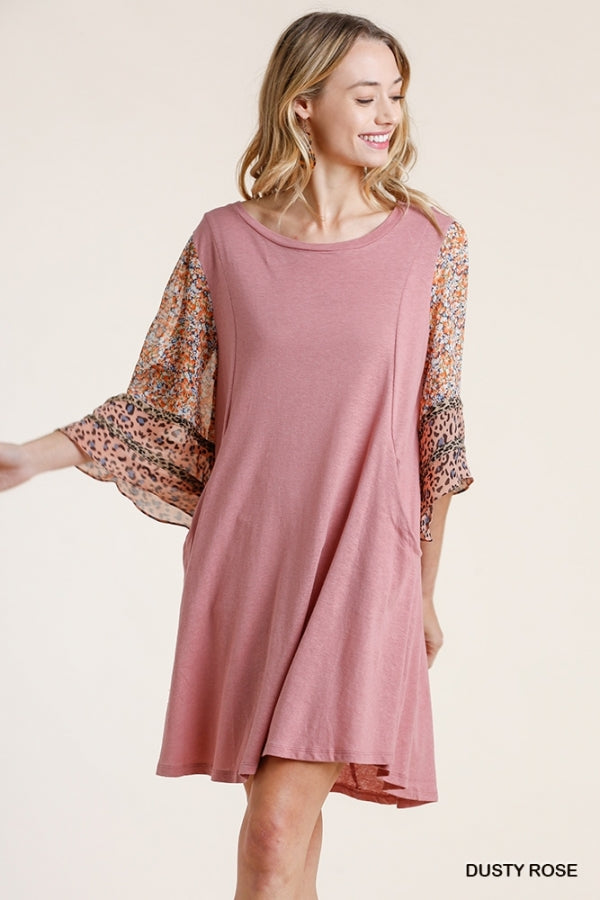 5065- Umgee Dusty Rose Linen Dress w/ Detailed Sleeves