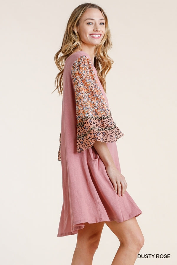 5065- Umgee Dusty Rose Linen Dress w/ Detailed Sleeves