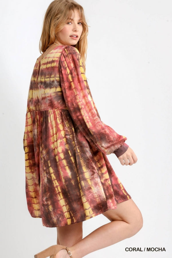 5066- Umgee Coral & Mocha Tie Dye Mix Dress