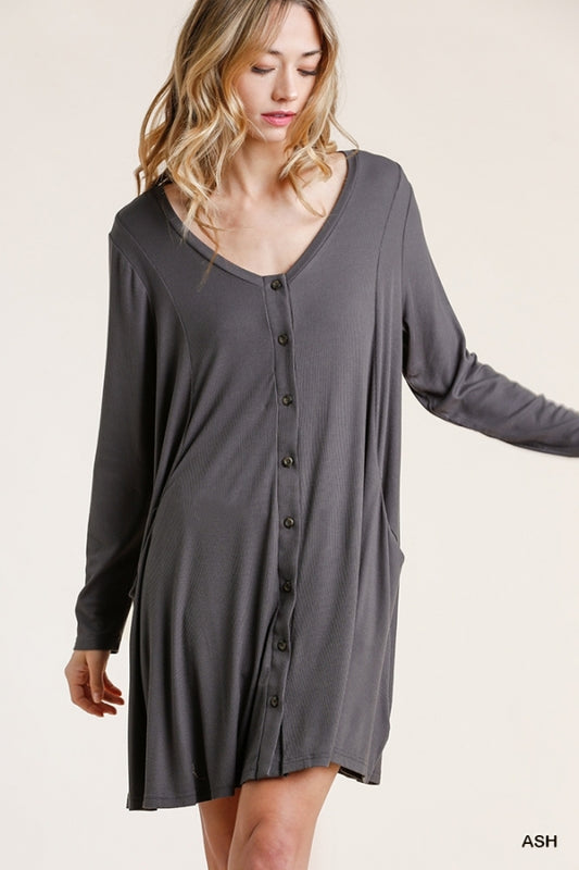 5067- Umgee Ash Gray Ribbed Long Sleeve Button Down Dress