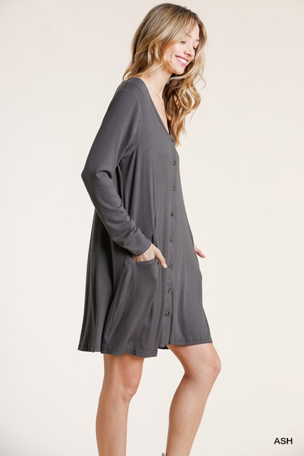 5067- Umgee Ash Gray Ribbed Long Sleeve Button Down Dress