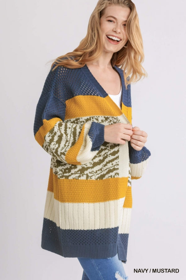 5073- Umgee Navy & Mustard Print Cardigan