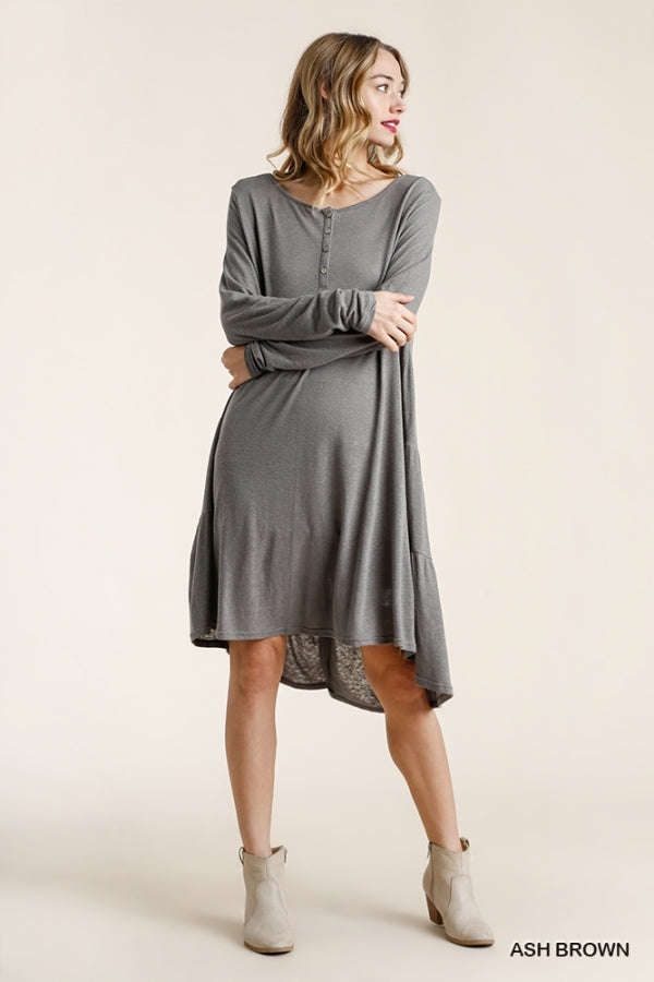 5075- Umgee Ash Brown Linen Blend Tier Back Dress