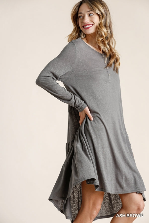 5075- Umgee Ash Brown Linen Blend Tier Back Dress