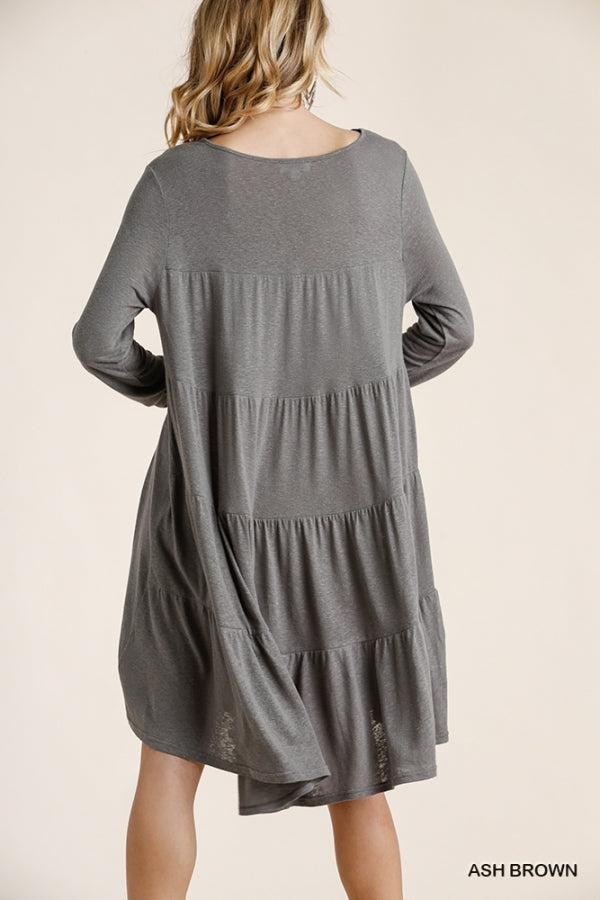 5075- Umgee Ash Brown Linen Blend Tier Back Dress