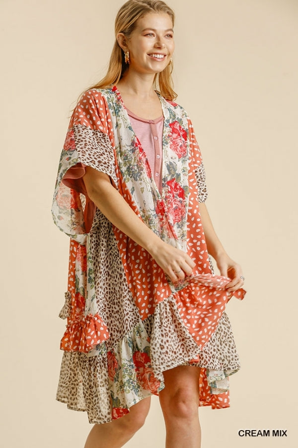 1732- Umgee Cream Floral Sheer Kimono Ruffle Hem