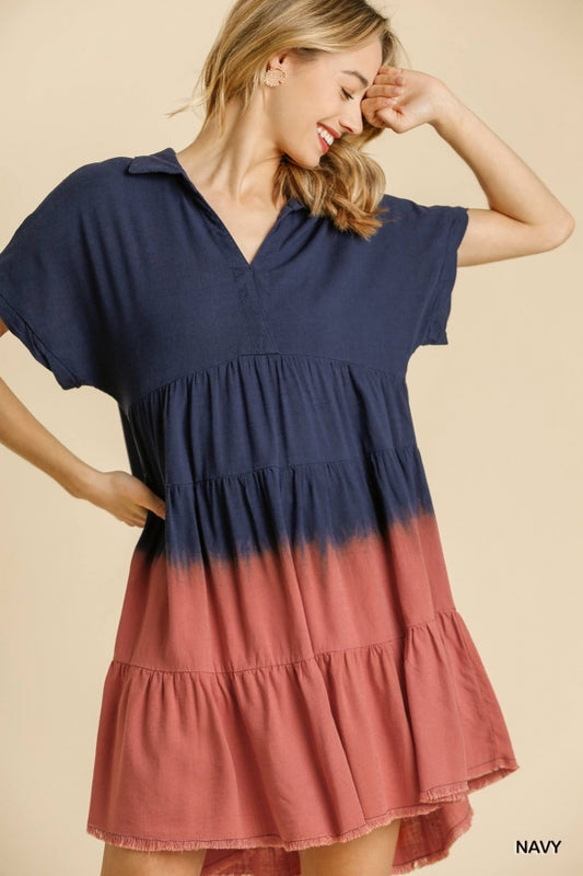 5078- Umgee Navy & Pink Tie Dye Linen Dress