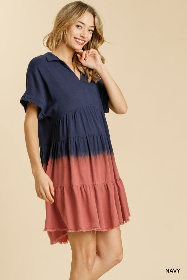 5078- Umgee Navy & Pink Tie Dye Linen Dress