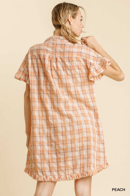 1119- Umgee Peach Gingham Ruffle Dress w/ Fringed Hem