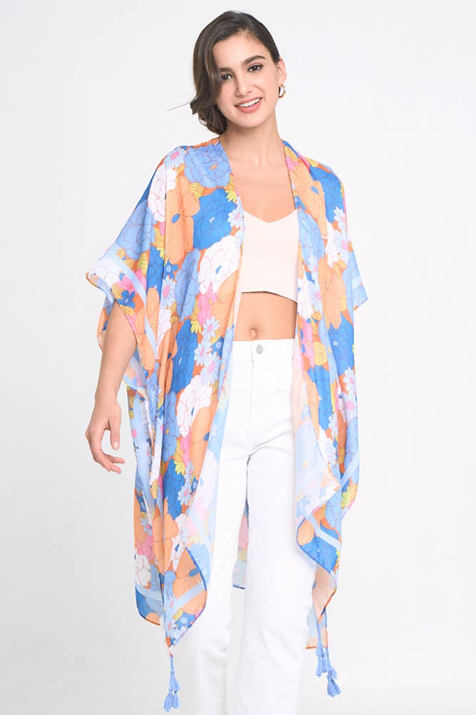 7934- Blue Floral Print Tassel Kimono