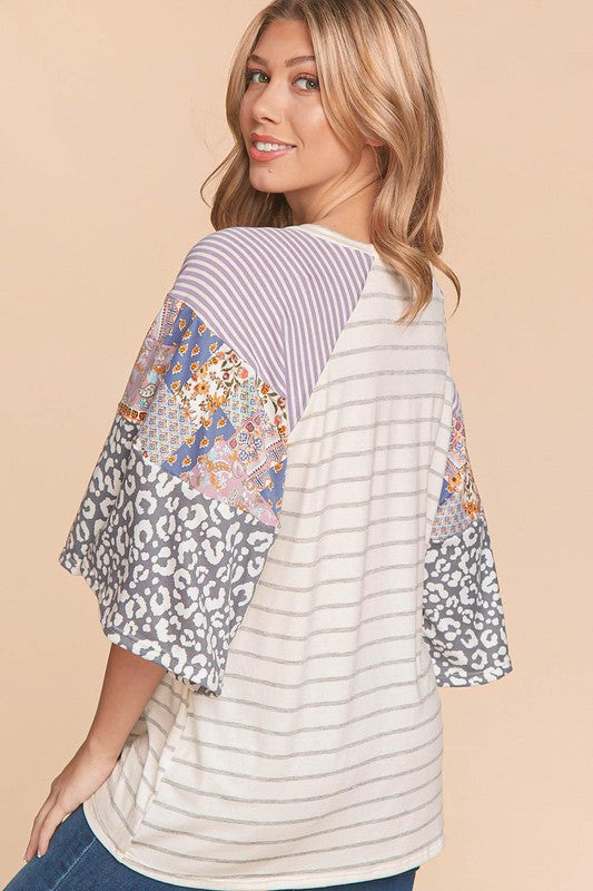 507- Cream & Gray Stripe Flutter Bell Sleeve Top