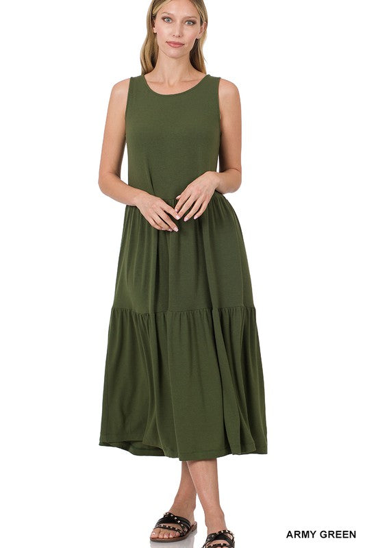 7798- Army Green Tank Tier Mid Calf Dress