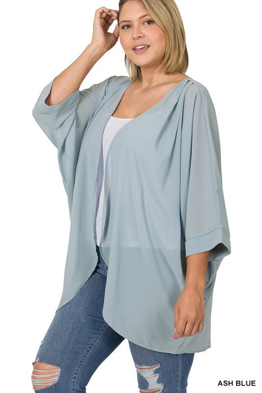 1733- Ash Blue Chiffon Cardigan w/ Shoulder Pleats