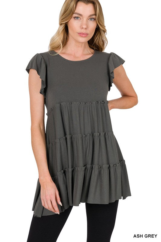 1393- Ash Grey Tier Short Sleeve Top w/ Ruffle Sleeves