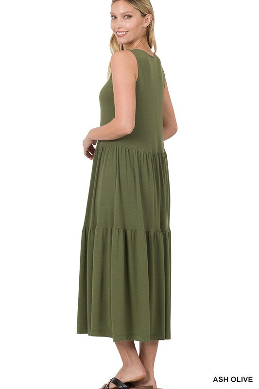 7799- Ash Olive Tank Tier Mid Calf Dress