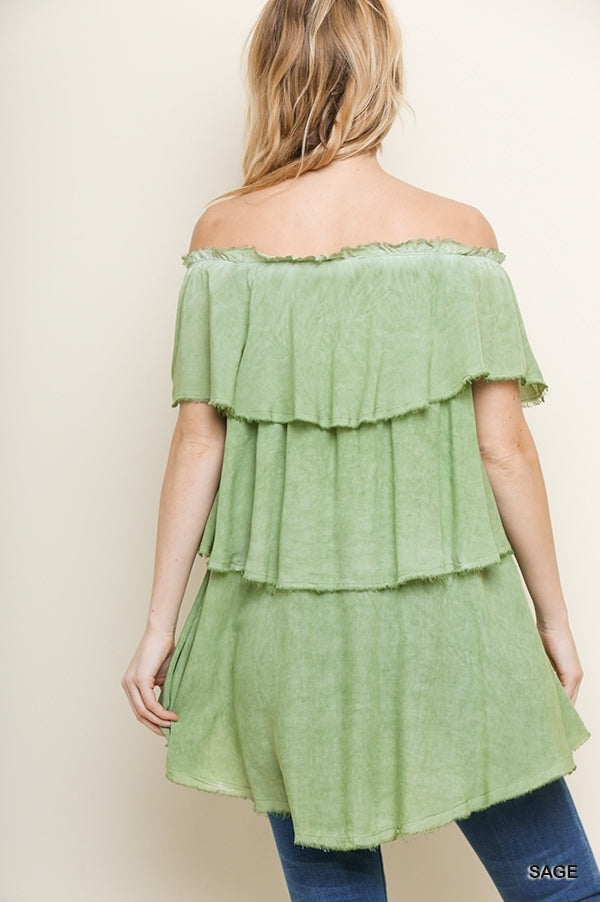 1591- Umgee Sage Dyed Off Shoulder Layered Ruffle Top with High Low