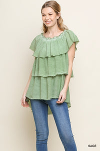 1591- Umgee Sage Dyed Off Shoulder Layered Ruffle Top with High Low