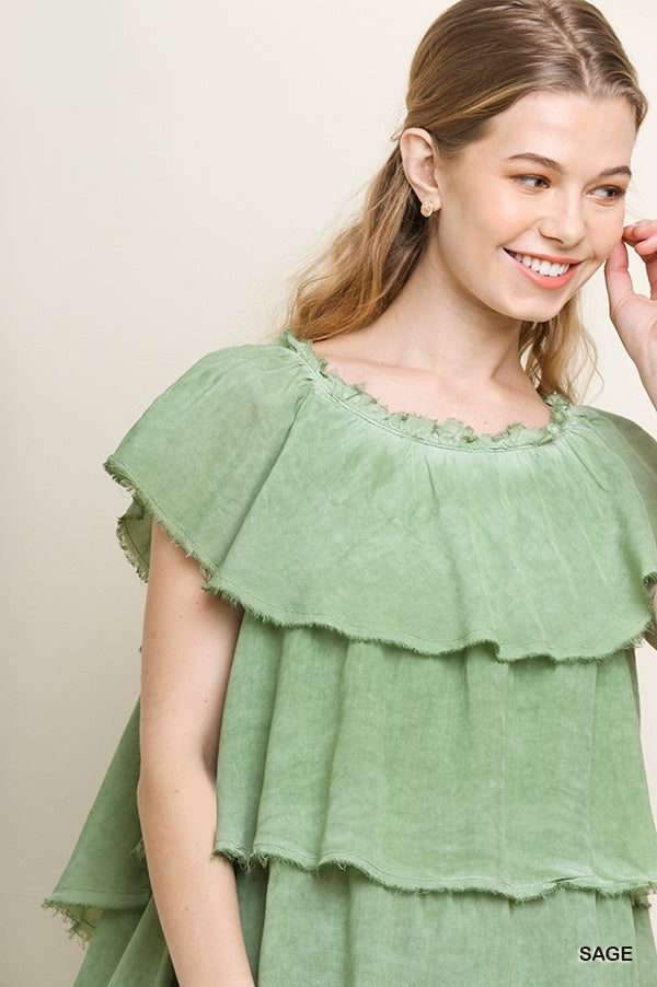 1591- Umgee Sage Dyed Off Shoulder Layered Ruffle Top with High Low