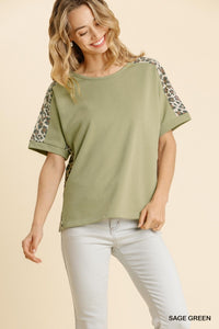 6071- Umgee Sage Green French Terry Top w/ Animal Print Detail