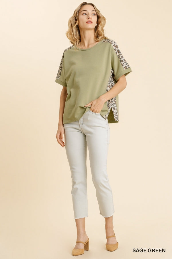 6071- Umgee Sage Green French Terry Top w/ Animal Print Detail