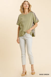 6071- Umgee Sage Green French Terry Top w/ Animal Print Detail