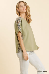 6071- Umgee Sage Green French Terry Top w/ Animal Print Detail