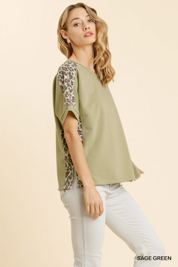 6071- Umgee Sage Green French Terry Top w/ Animal Print Detail