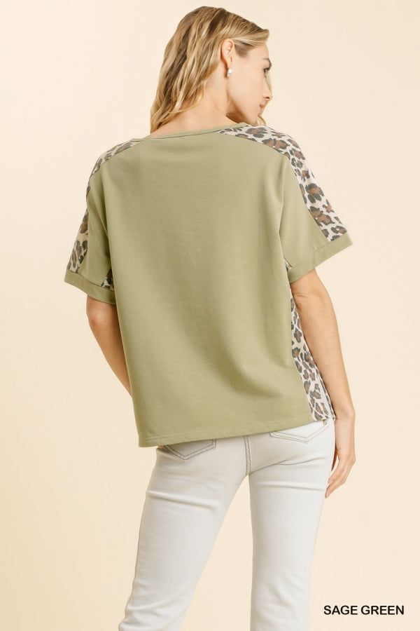 6071- Umgee Sage Green French Terry Top w/ Animal Print Detail