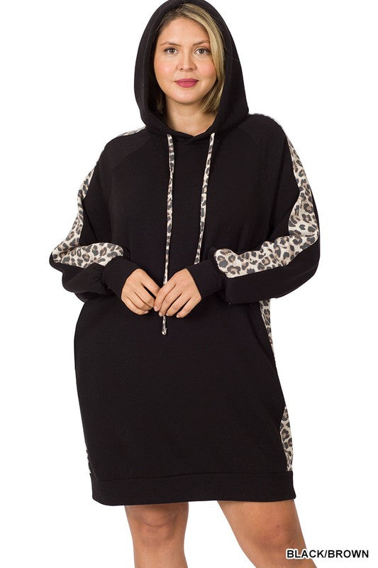 1599- Black & Leopard Side Panel Soft Stretch Hoodie