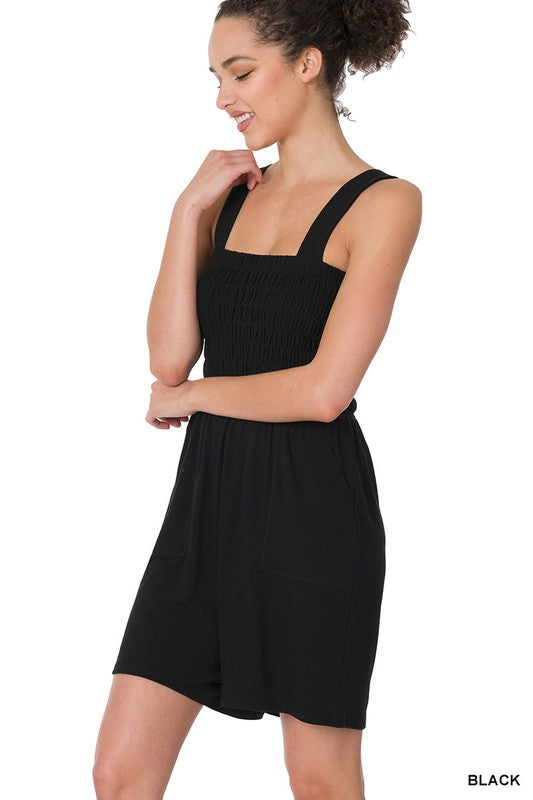 1407- Black Smocked Romper w/ Pockets