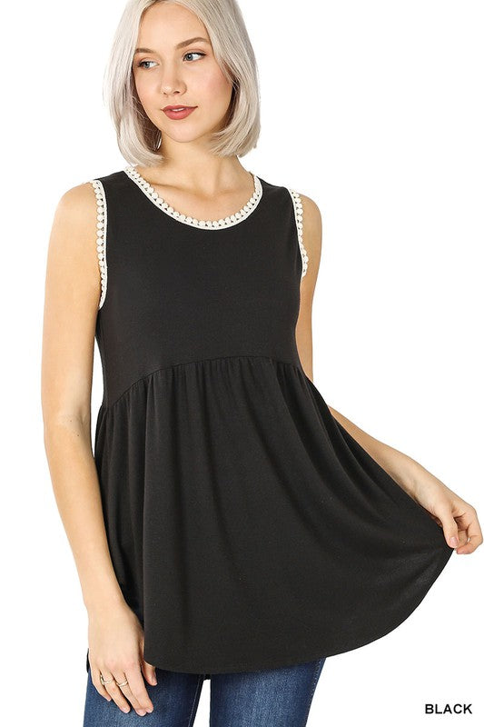 1455- Black Babydoll Tank Top w/ Pom Detail