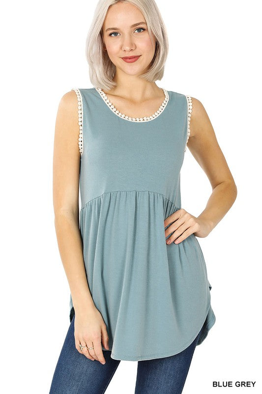 1456- Blue Grey Babydoll Tank Top w/ Pom Detail