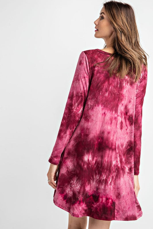 6803- Burgundy Tie Dye Long Sleeve Swing Dress