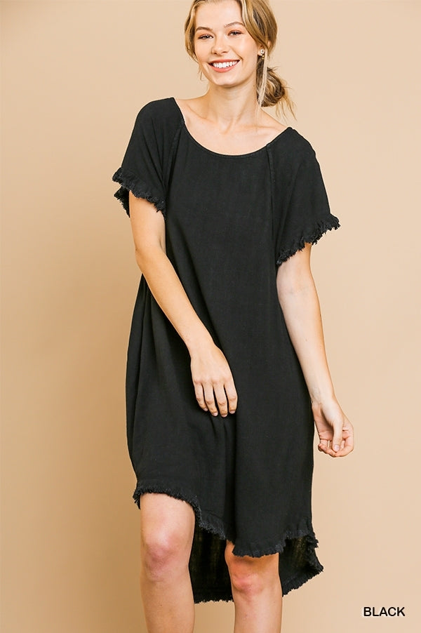 1736- Umgee Black Linen High Low Dress