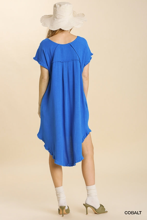 6072- Umgee Cobalt Linen High Low Dress