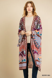 1023- Umgee Floral Scarf Mixed Print Long Bell Sleeve Kimono