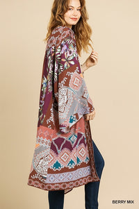 1023- Umgee Floral Scarf Mixed Print Long Bell Sleeve Kimono