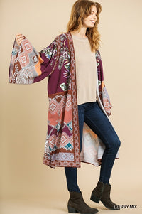 1023- Umgee Floral Scarf Mixed Print Long Bell Sleeve Kimono