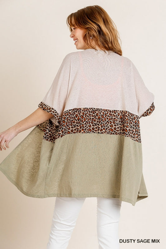 6075- Umgee Dusty Sage Color Block Cardigan w/ Leopard Accent