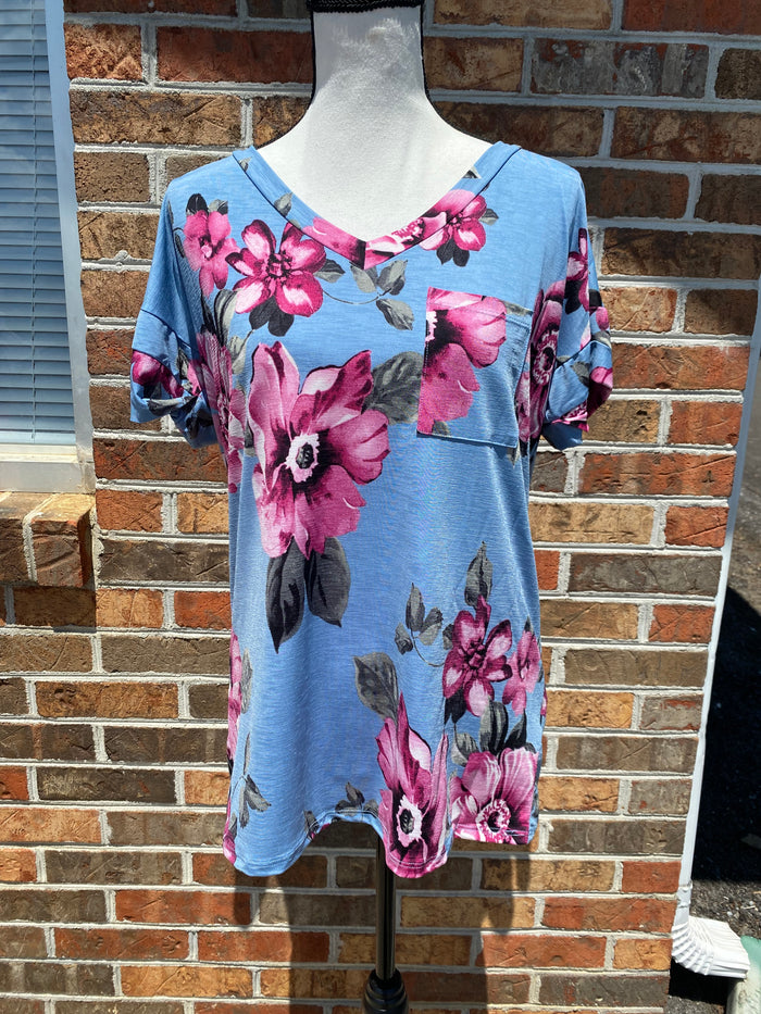 1345- Magenta & Blue Floral V-Neck Top