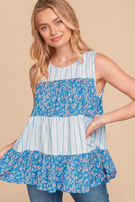 1553- Blue Boho Tier Tank Top w/ Floral & Stripes