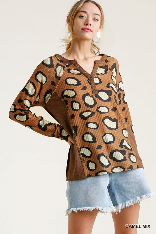 1690- Umgee Camel Animal Print Half Button Front Long Sleeve Waffle Knit Top