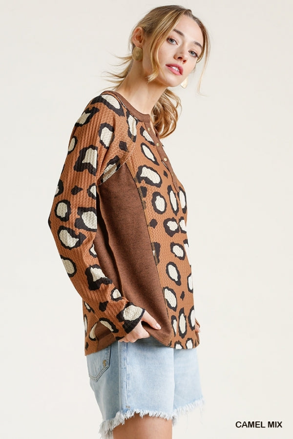 1690- Umgee Camel Animal Print Half Button Front Long Sleeve Waffle Knit Top