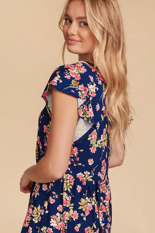 970-Navy Floral w/ Tank w/ Ruffle Sleeve