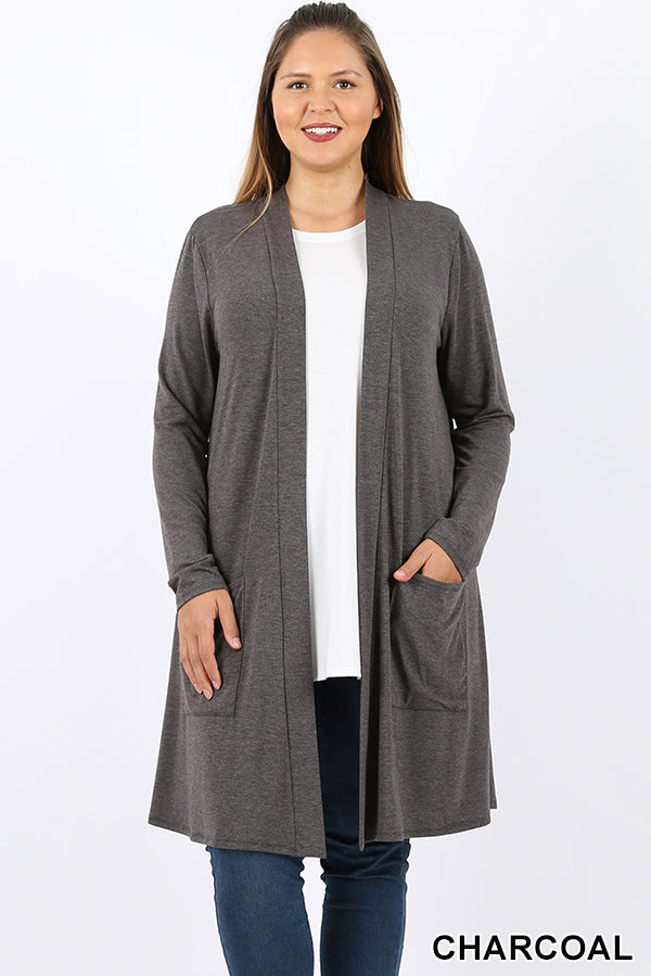 1367-Charcoal Long Sleeve Open Cardigan w/ Pockets (PLUS)