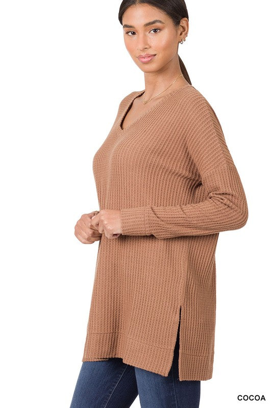 7247- Cocoa Brushed Thermal Long Sleeve Sweater w/ Side Slits